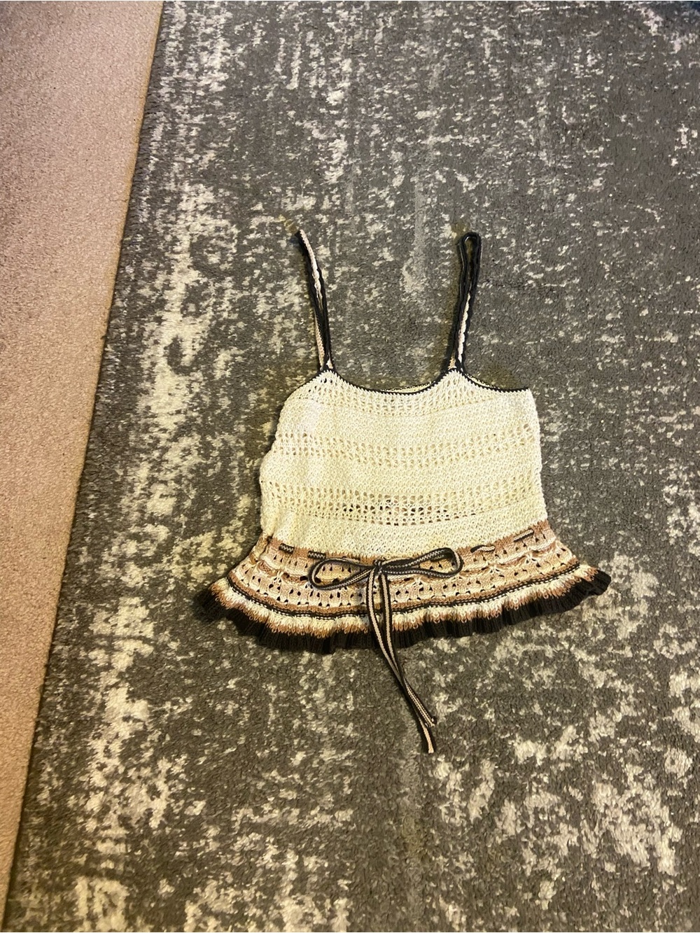 American Eagle Crochet Knit Ruffle Hem Tank Top - Cream with Brown Trim
